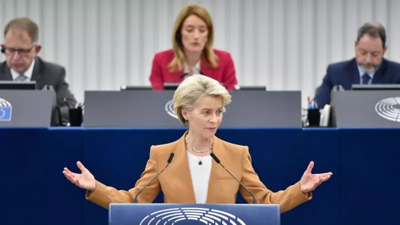 La presidenta de la Comisión Europea, Ursula Von der Leyen, pronuncia un discurso durante la sesión del Parlamento Europeo en Estrasburgo, a 15 de marzo de 2023.