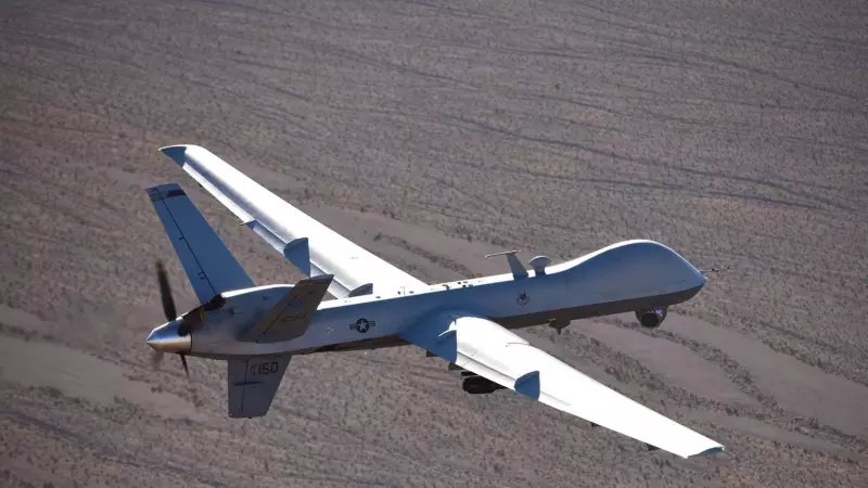 Dron MQ-9 Reaper durante una misión de entrenamiento sobre el campo de pruebas y entrenamiento en el estado de Nevada (Estados Unidos)