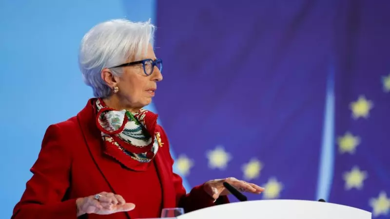 La presidenta del BCE, Christine Lagarde, durante la rueda de prensa para explicar la nueva subida de tipos de interés este 16 de marzo de 2023 en Frankfurt.