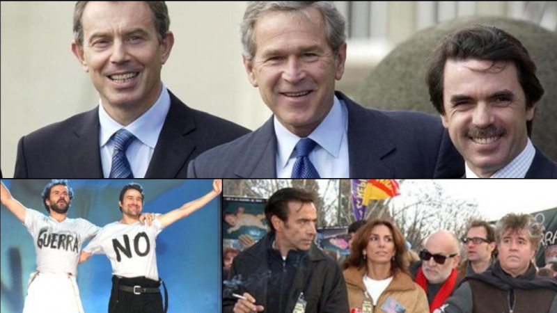 Blair, Bush y Aznar. Willy Toledo y Alberto San Juan. Manifestación contra la invasión de Irak.
