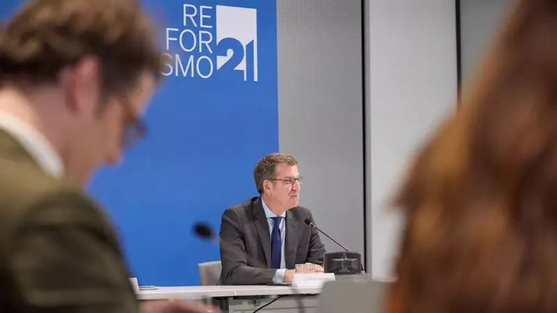 El presidente del Partido Popular, Alberto Núñez Feijóo, durante el acto de constitución de la nueva fundación del PP, en el edificio GMP, a 17 de marzo de 2023, en Madrid.