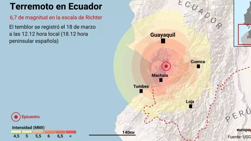 Mapa que representa la localización del terremoto de 6,7 de magnitud en la escala de Richter que ha sacudido este sábado la costa del Pacífico ecuatoriano.