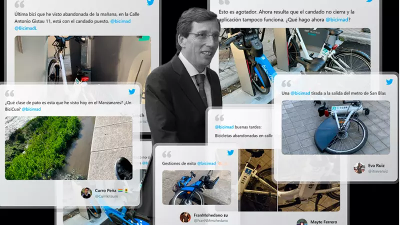 Ilustración de José Luis Martínez-Almeida y varios tuits atendidos por BiciMad ante el deterioro del servicio.