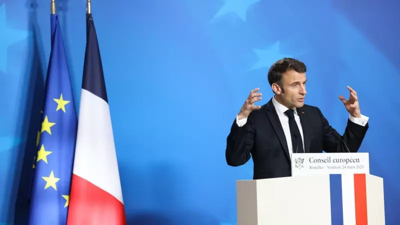 El presidente de Francia, Emmanuel Macron, durante una conferencia de prensa en una cumbre de la UE en Bruselas, a 24 de marzo de 2023.
