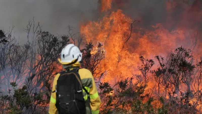 Un efectivo de la Xunta con base en Becerreá trabajan para extinguir las llamas en un incendio forestal, a 29 de marzo de 2023, en Baleira, Lugo, Galicia (España).