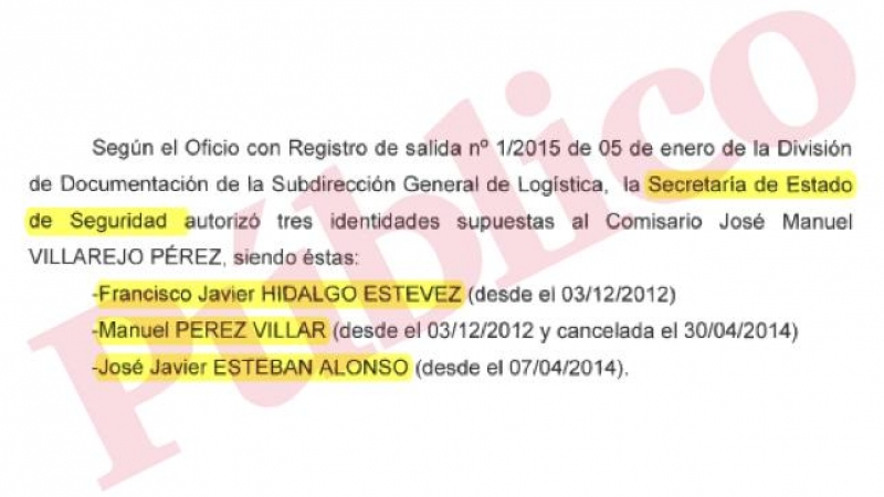 Escrito en el que constan las identidades supuestas autorizadas por la Secretaría de Estado de Seguridad al comisario José Manuel Villarejo