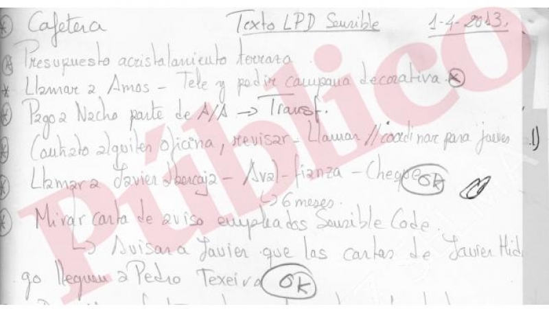 Apunte de la esposa de José Manuel Villarejo para hablar con el director de la sucursal Francisco Javier Ruiz Valdivieso