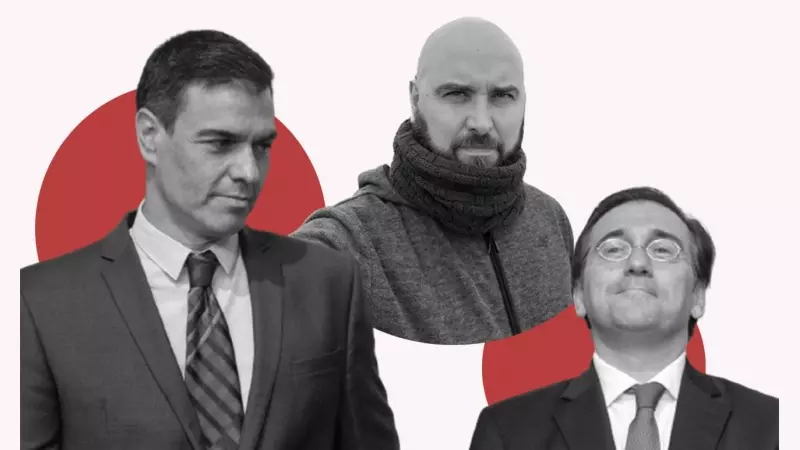 Composición de la imagen de EFE del presidente del Gobierno, Pedro Sánchez, y el ministro de Asuntos Exteriores, José Manuel Albares, con una fotografía del periodista Pablo González al fondo.