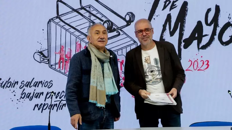 Los secretarios generales de CCOO y UGT, Unai Sordo y Pepe Álvarez, presentan los actos para la celebración del Primero de Mayo, día internacional del trabajo, en Madrid a 20 de abril de 2023
