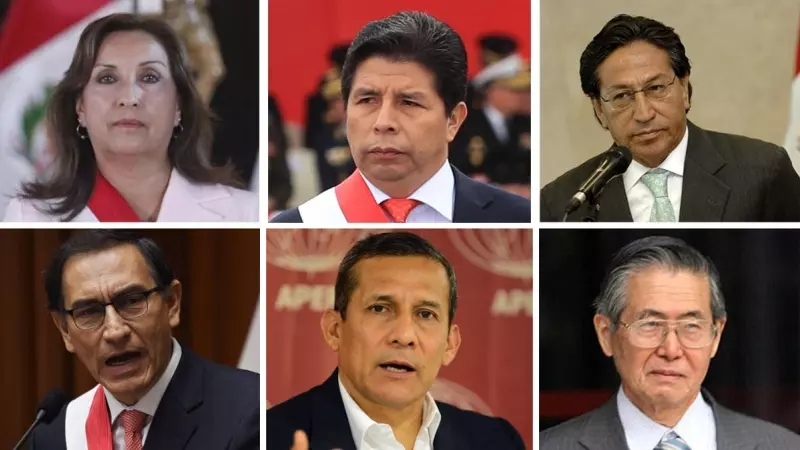 Imagen con los cinco expresidentes de Perú que están actualmente en prisión, a excepción de la actual, Dina Boluarte, que también se enfrenta a la justiscia.
