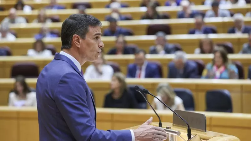 25/04/2023.- El presidente del Gobierno, Pedro Sánchez, en el pleno del Senado durante su comparecencia, la quinta monográfica de la legislatura, este martes en Madrid. EFE/ Kiko Huesca