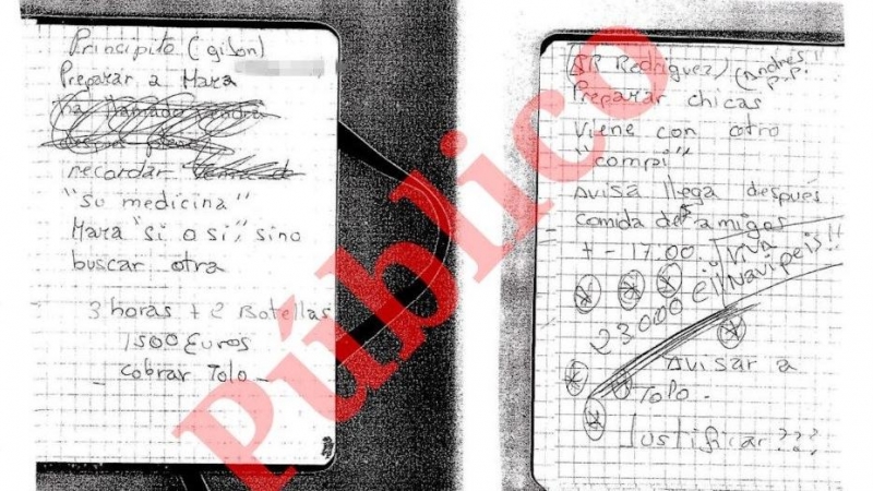 Apuntes en el cuaderno de la encargada de un prostíbulo de Palma que señala a varios excargos del PP como receptores de fiestas sexuales