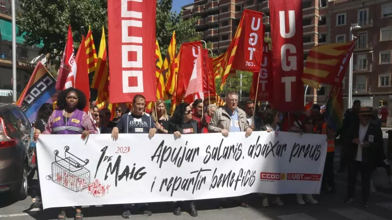 Manifestació de CCOO i la UGT amb motiu del Primer de Maig a Lleida