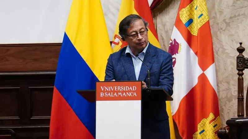 El presidente de Colombia, Gustavo Petro, interviene tras recoger la Medalla de la Universidad de Salamanca, a 5 de mayo de 2023.