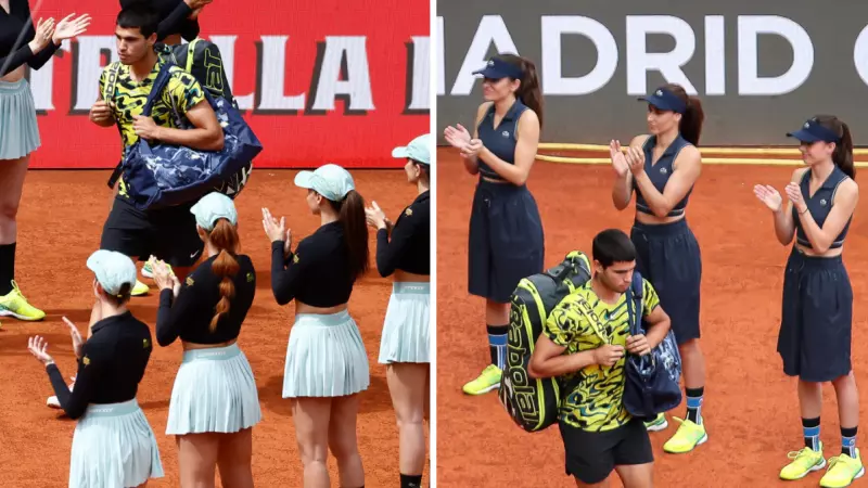 La imagen muestra el cambio del uniforme de las recogepelotas de la semifinal a la final del Open de Tenis de Madrid.
