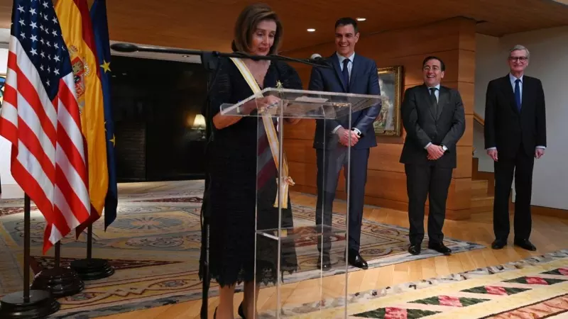 Nancy Pelosi durante su alocución en el encuentro con el jefe del Gobierno español, Pedro Sánchez, en Washington, a 11 de mayo de 2023.