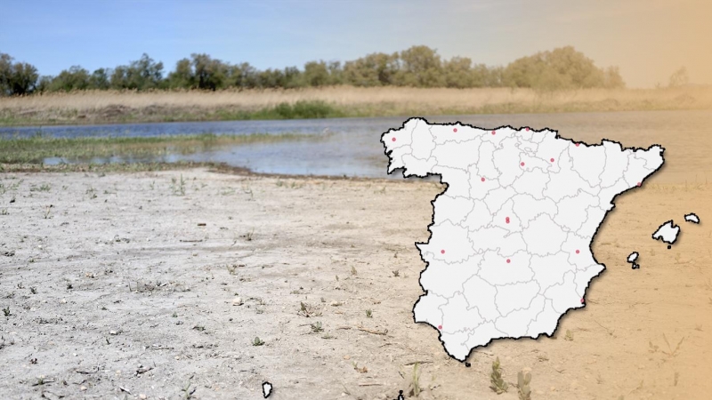 Un montaje fotográfico muestra un mapa de España junto a una imagen que evidencia la sequía que asola el país