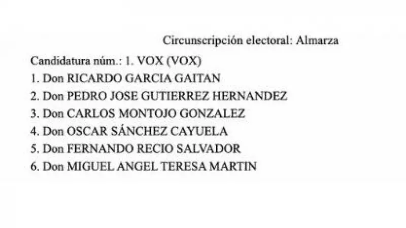 Candidatura de Vox en Almarza (Soria), formada únicamente por hombres.