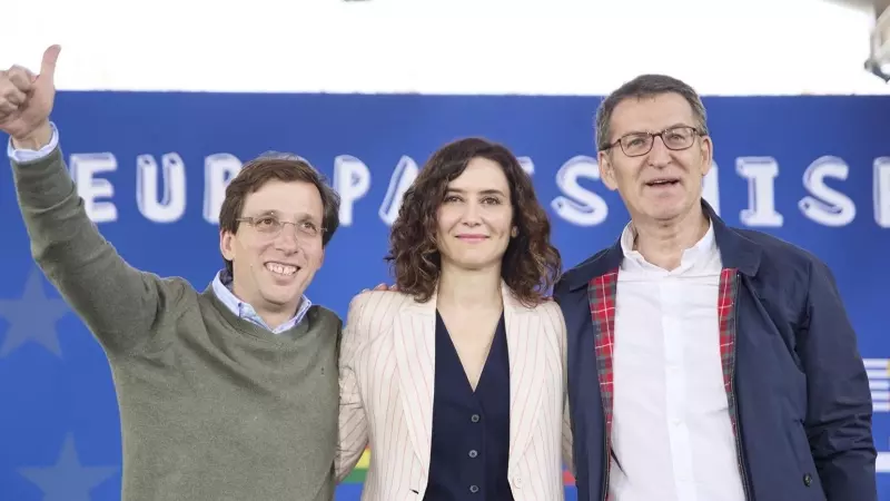 El alcalde de Madrid, José Luis Martínez-Almeida; el presidente del Parido Popular, Alberto Núñez Feijóo, y la presidenta de la Comunidad de Madrid, Isabel Díaz Ayuso.