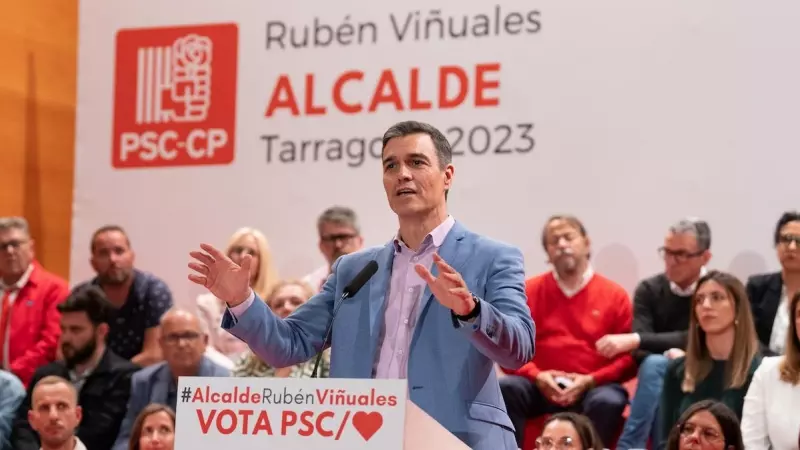 El presidente del Gobierno, Pedro Sánchez, interviene durante el acto de final de campaña del PSC, a 26 de mayo de 2023, en Tarragona.