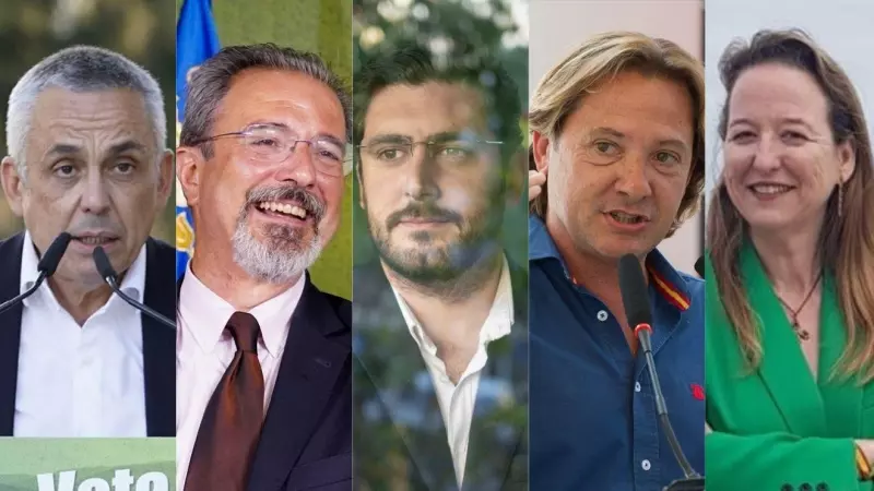 Composición con imágenes de Ángel Pelayo, Carlos Flores, Alejandro Nolasco, Jorge Campos y Leticía Díaz, los cinco posibles vicepresidentes autonómicos de Vox.