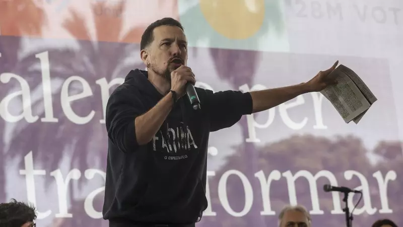El exvicepresidente del Gobierno y exlíder de Podemos Pablo Iglesias, interviene durante un acto de cierre de campaña de Unides Podem-Esquerra Unida, en València, a 26 de mayo de 2023.