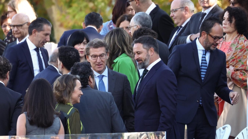 El presidente del PP, Alberto Núñez Feijóo (i) y el líder de Vox, Santiago Abascal (d), durante el acto solemne de homenaje a la bandera nacional y desfile militar en el Día de la Hispanidad, a 12 de octubre de 2022, en Madrid.
