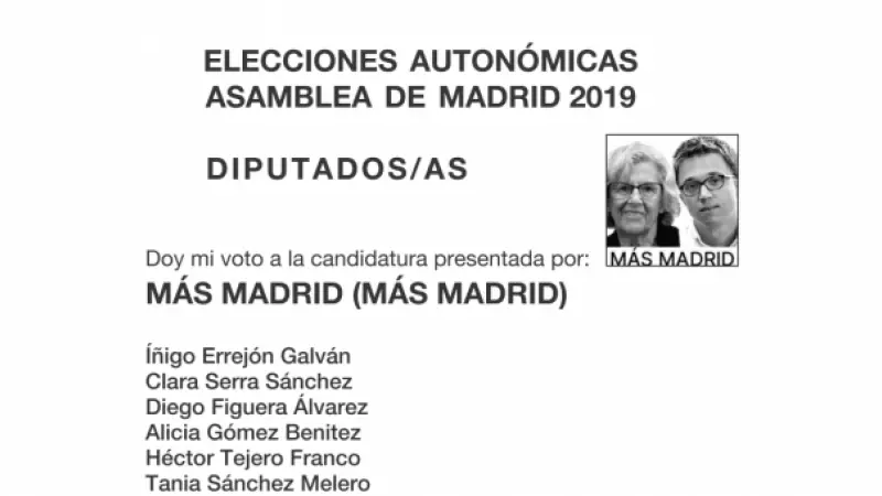 Imagen de la papeleta electoral de Más Madrid en 2019.