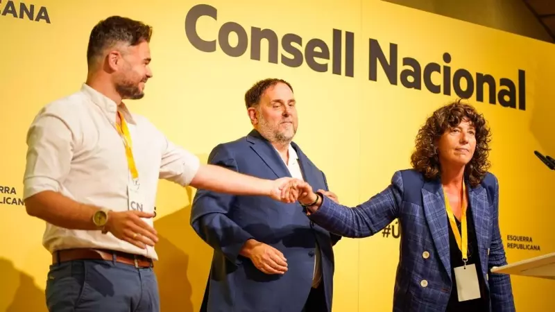 10/06/2023 - Gabriel Rufián, Oriol Junqueras i Teresa Jordà, en el consell nacional que ERC ha celebrat aquest dissabte.