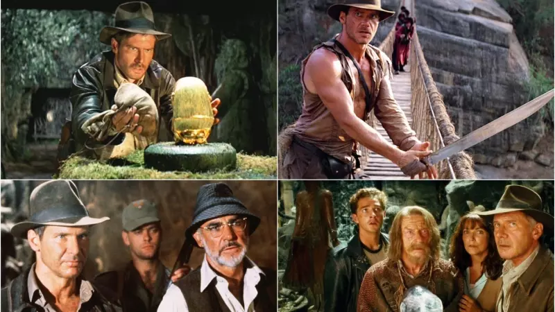 De izquierda a derecha, y de arriba a abajo, imágenes de 'Indiana Jones, en busca del arca perdida', 'Indiana Jones  y el templo maldito', 'Indiana Jones y la última cruzada', e 'Indiana Jones y la calavera de cristal'.