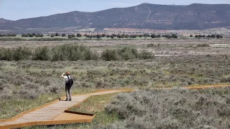 Un turista en las Tablas de Daimiel, a 26 de abril de 2023, en Ciudad Real, Castilla- La Mancha (España).