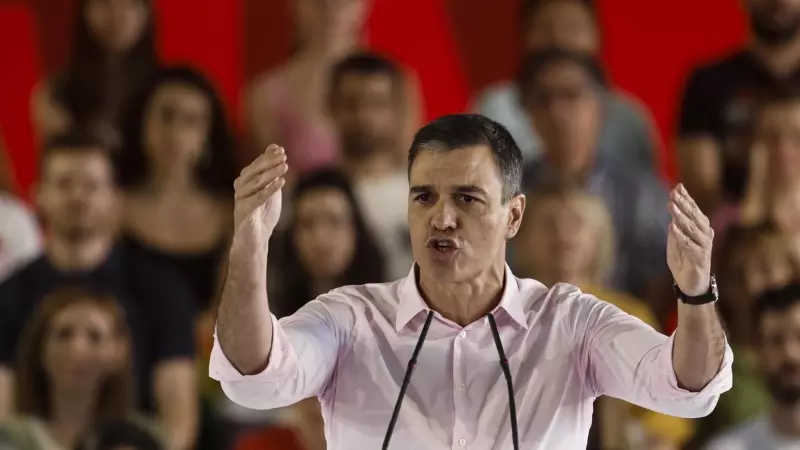 El presidente del Gobierno, Pedro Sánchez, durante su intervención en el acto de arranque de la campaña electoral del PSOE, este jueves en la Casa de Campo de Madrid