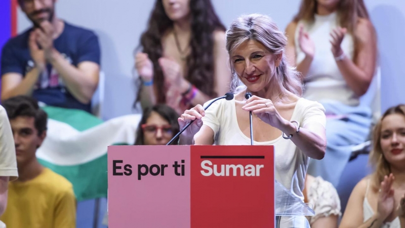 La candidata de Sumar a la Presidencia del Gobierno, Yolanda Díaz, en un acto electoral del partido en Sevilla este domingo.