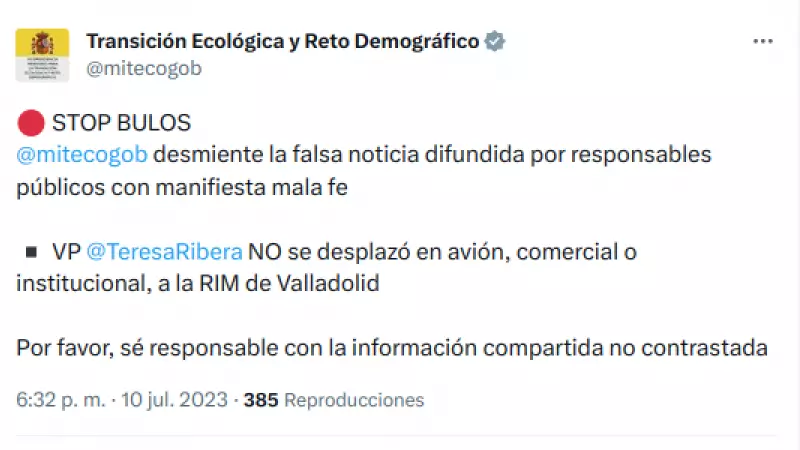 Tuit del Ministerio de Transición Ecológica que dice que Teresa Ribera no se desplazó en avión a Valladolid