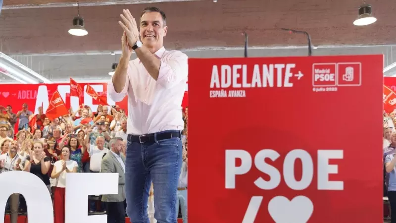 El presidente del Gobierno, Pedro Sánchez, en un acto de inicio de campaña en Casa de Campo de Madrid, a 6 de julio de 2023.