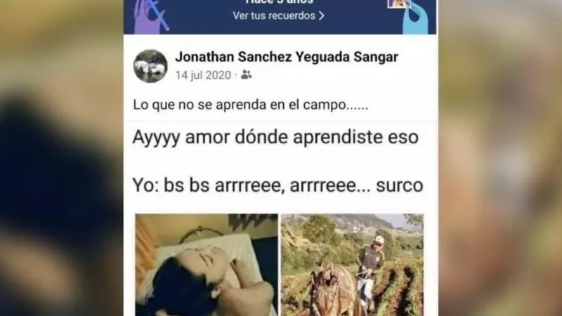 Pantallazo del Recordatorio del facebook del concejal de Béjar (Salamanca) sobre su forma de comparar el sexo con una mujer al trabajo con un burro en el arado.