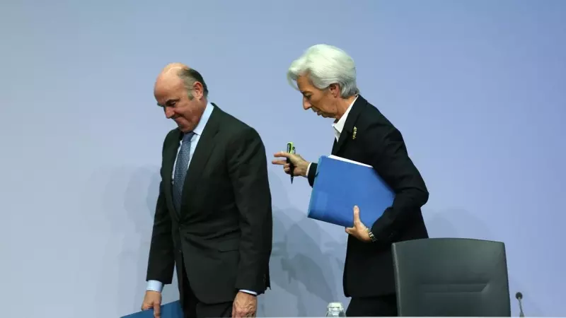 La presidenta y el vicepresidente del BCE, Christine Lagarde y Luis de Guindos, tras una comparecencia.