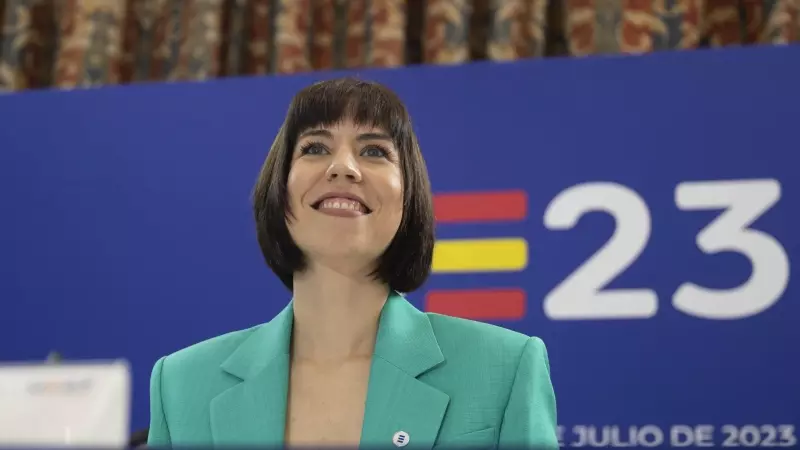 La ministra de Ciencia e Innovación en funciones, Diana Morant, sonríe durante la reunión de los ministros de Investigación de la Unión Europea el 28 de julio de 2023.