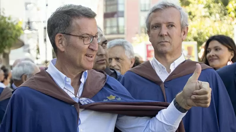 15/8/23 Feijóo y el presidente de la Xunta, Alfonso Rueda, el pasado domingo en la Festa do Albariño de Cambados (Pontevedra).