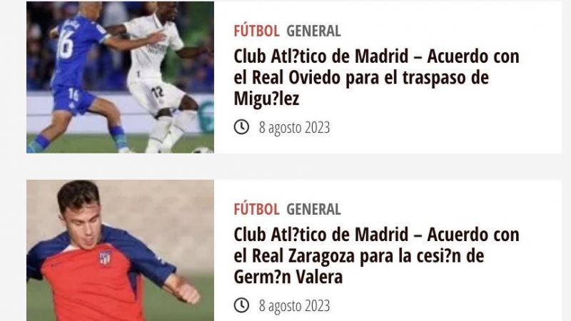 17/08/2023 Dos entradas en la web 'Noticiero Madrid' que son republicaciones de notas de prensa del Atlético de Madrid..