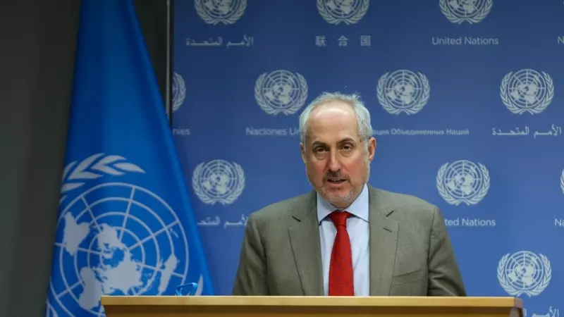 El portavoz del secretario general de Naciones Unidas, Stéphane Dujarric, en una rueda de prensa en la sede de la ONU, en Nueva York, a 21 de febrero de 2023.