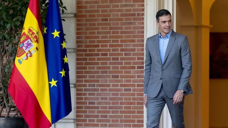 El presidente del Gobierno en funciones, Pedro Sánchez, en el Palacio de la Moncloa, a 29 de agosto de 2023, en Madrid