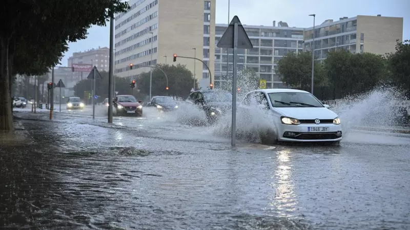 Varios vehículos circulan bajo la lluvia por Castelló de la Plana, donde se esperan lluvias y tormentas.