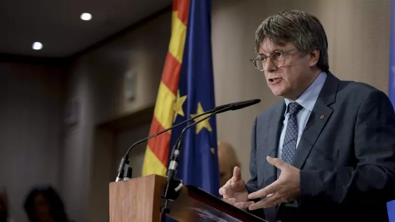 El eurodiputado de Jxcat Carles Puigdemont interviene en la conferencia inaugural de la jornada interparlamentaria de su formación en Bruselas este 5 de septiembre de 2023.