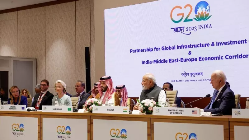 Los representantes de Italia, la Unión Europea, Arabia Saudí, India y Estados Unidos en un evento de la cumbre del G20.