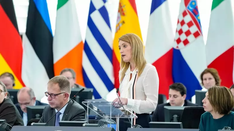 La presidenta del Parlament Europeu, Roberta Metsola, durant una intervenció Unió Europea