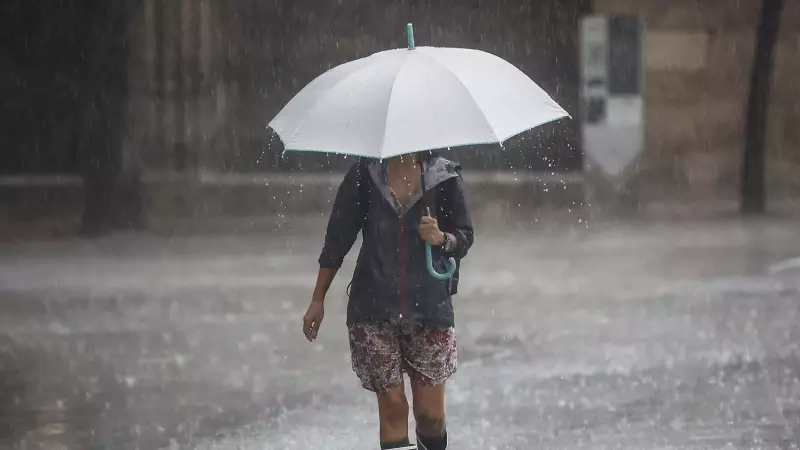 Una persona camina con un paraguas bajo la lluvia, a 15 de septiembre de 2023, en València.
