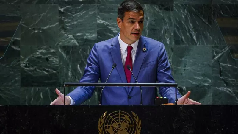 Pedro Sánchez, durante su alocución en el 78º período de sesiones de la Asamblea General de las Naciones Unidas en la Sede de las Naciones Unidas, a 20 de septiembre de 2023.