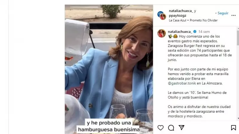 La alcaldesa de Zaragoza, Natalia Chueca, compartió en sus redes sociales el ágape con otros tres concejales a costa del erario municipal