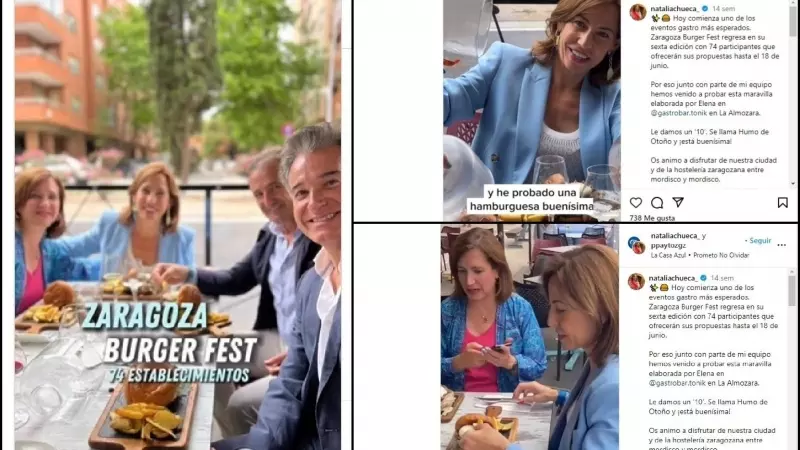 La alcaldesa de Zaragoza, Natalia Chueca, con los tres concejales que disfrutaron del ágape a costa del erario municipal, en unas imágenes difundidas en sus redes sociales, a 8 de junio de 2023